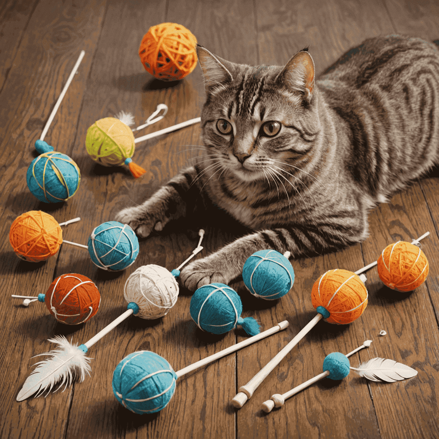 Variedad de juguetes interactivos para gatos, incluyendo pelotas con cascabeles, ratones de peluche y varitas con plumas