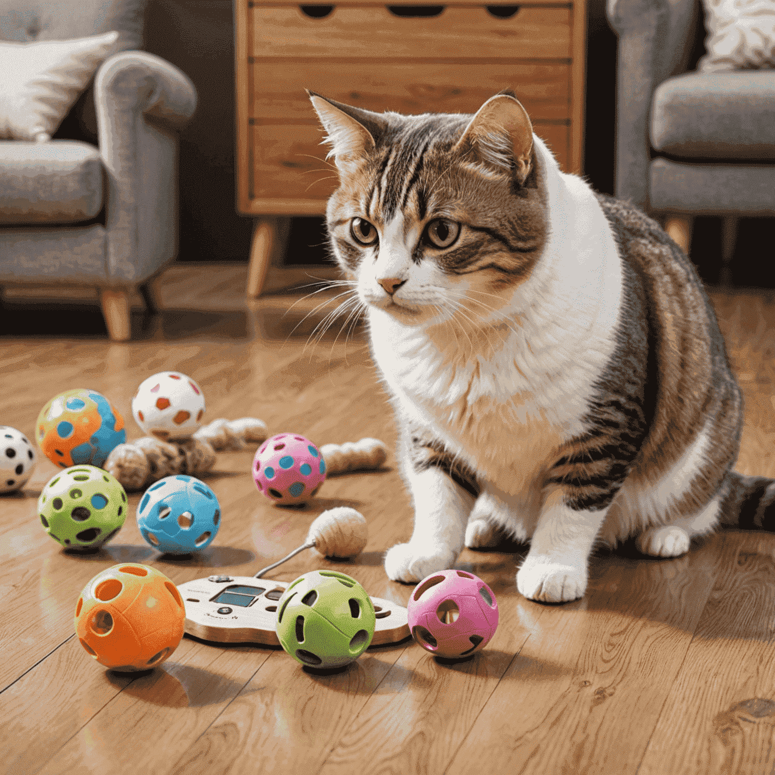 Variedad de juguetes interactivos para gatos, incluyendo pelotas con luces LED, ratones de peluche con sonidos, y puzzles dispensadores de premios