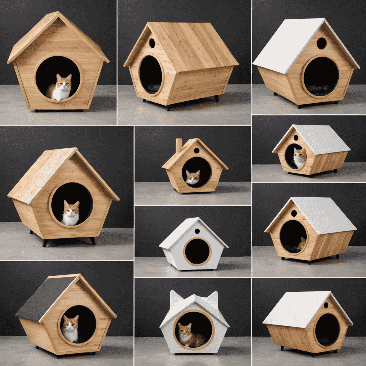 Collage de casas para gatos modernas y elegantes, mostrando diferentes estilos y materiales