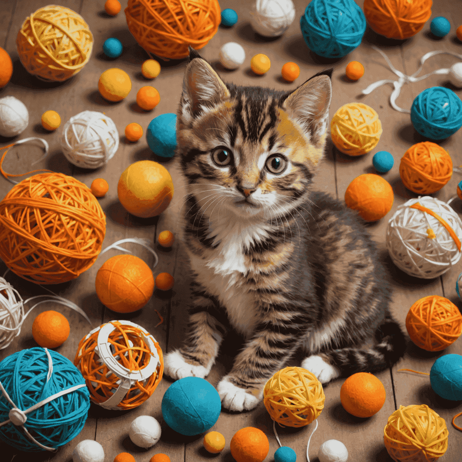 Un gatito jugando con juguetes seguros y coloridos. El gatito es de color naranja y está rodeado de pelotas, ratones de juguete y plumas.