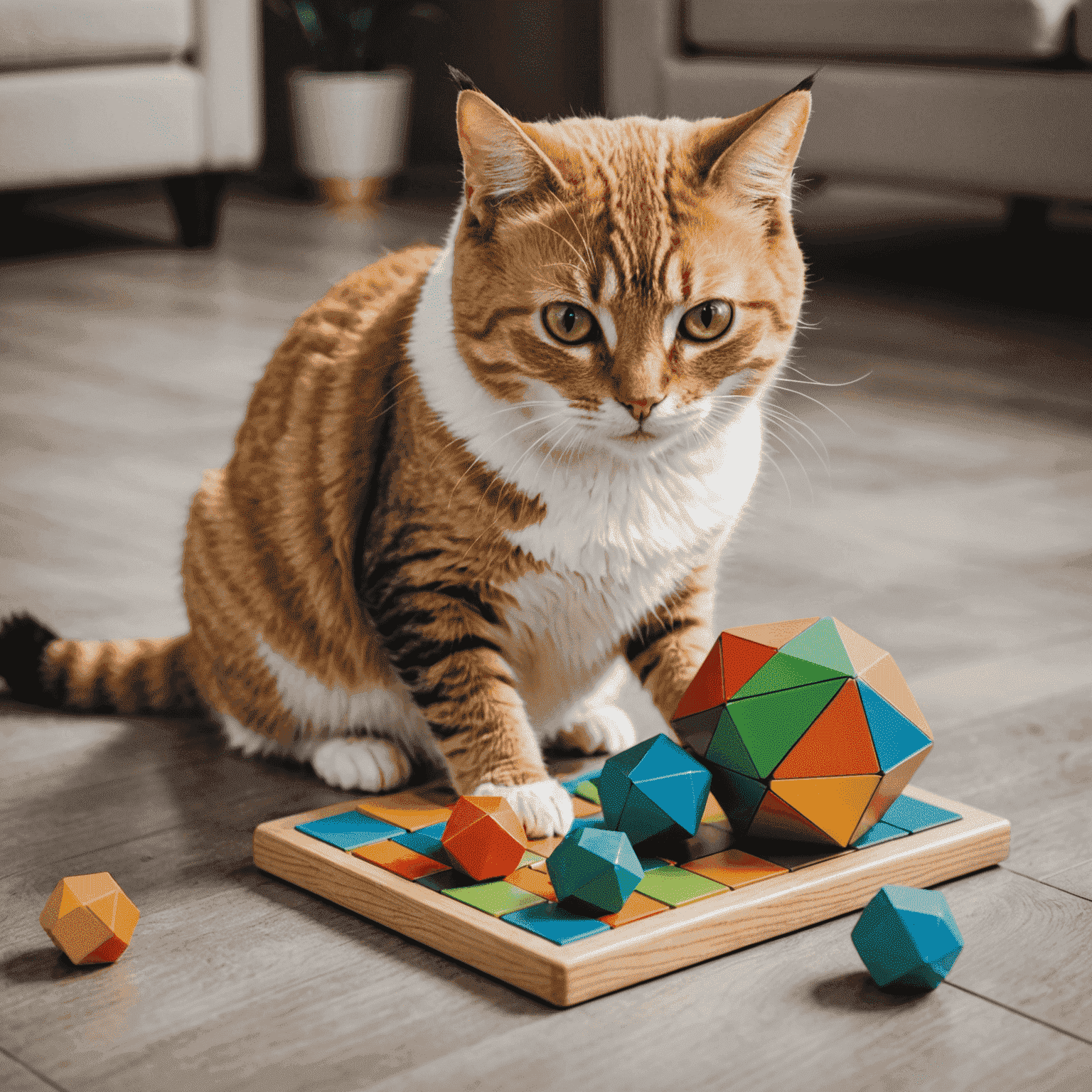 Gato jugando con un rompecabezas interactivo. El juguete tiene formas geométricas de colores brillantes que el gato debe mover para obtener premios.