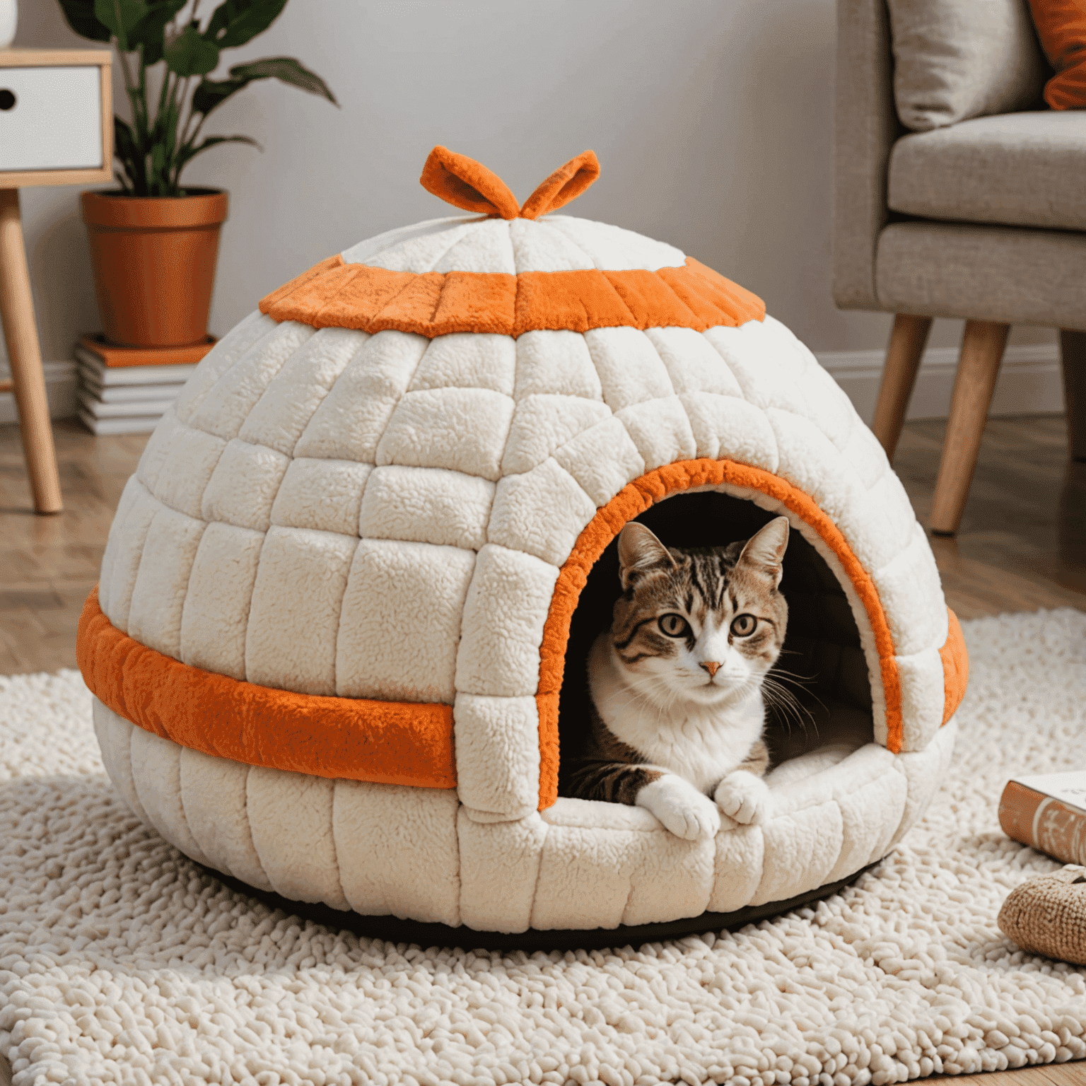 Una casita acogedora para gatos con forma de iglú, hecha de materiales suaves y cálidos en tonos beige y naranja. Perfecto para que tu gato se sienta seguro y cómodo.