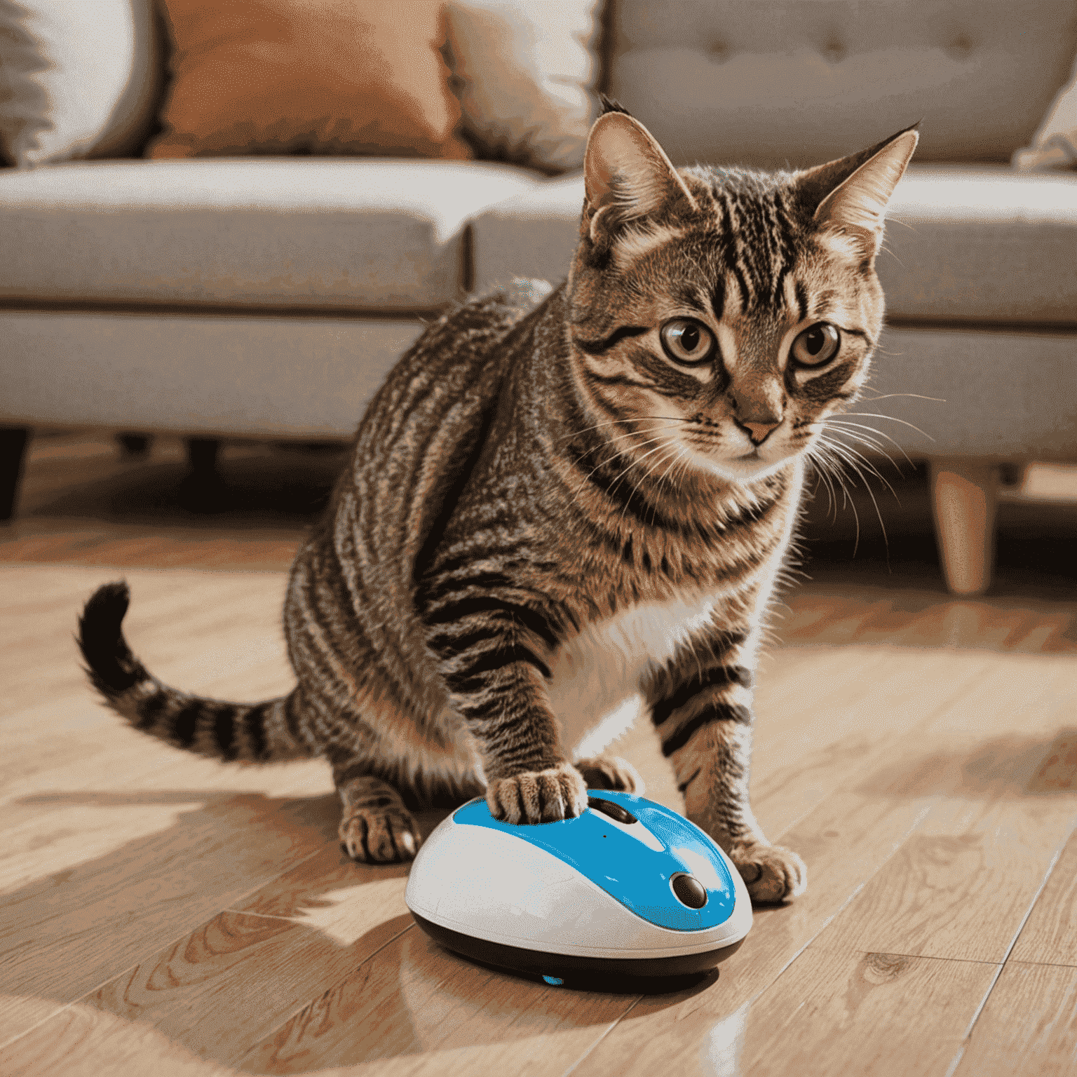 Gato jugando con un juguete interactivo que emite luces y sonidos. El juguete tiene forma de ratón y se mueve de manera errática, estimulando el instinto de caza del gato.