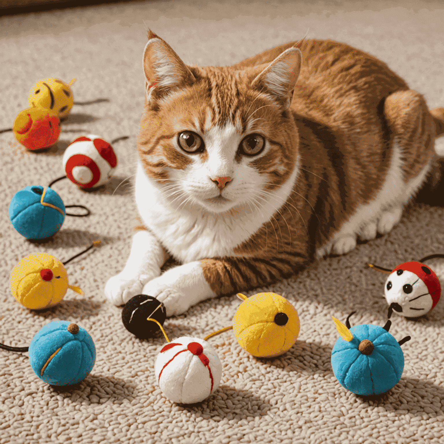 Variedad de juguetes para gatos que imitan presas, incluyendo ratones de peluche, plumas y bolas con cascabel