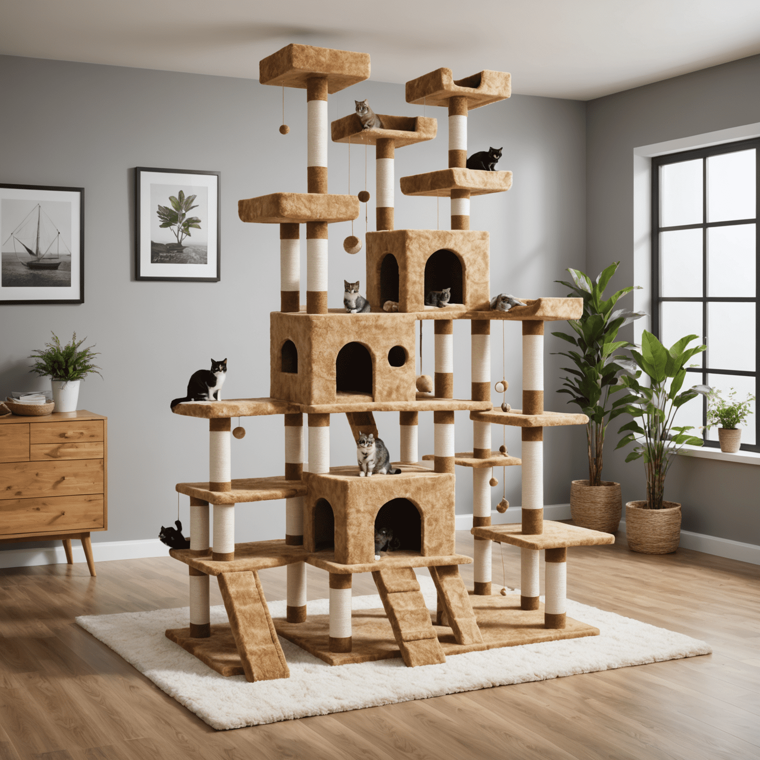 Complejo de juego multinivel para gatos con diferentes elementos como rascadores, plataformas y juguetes colgantes