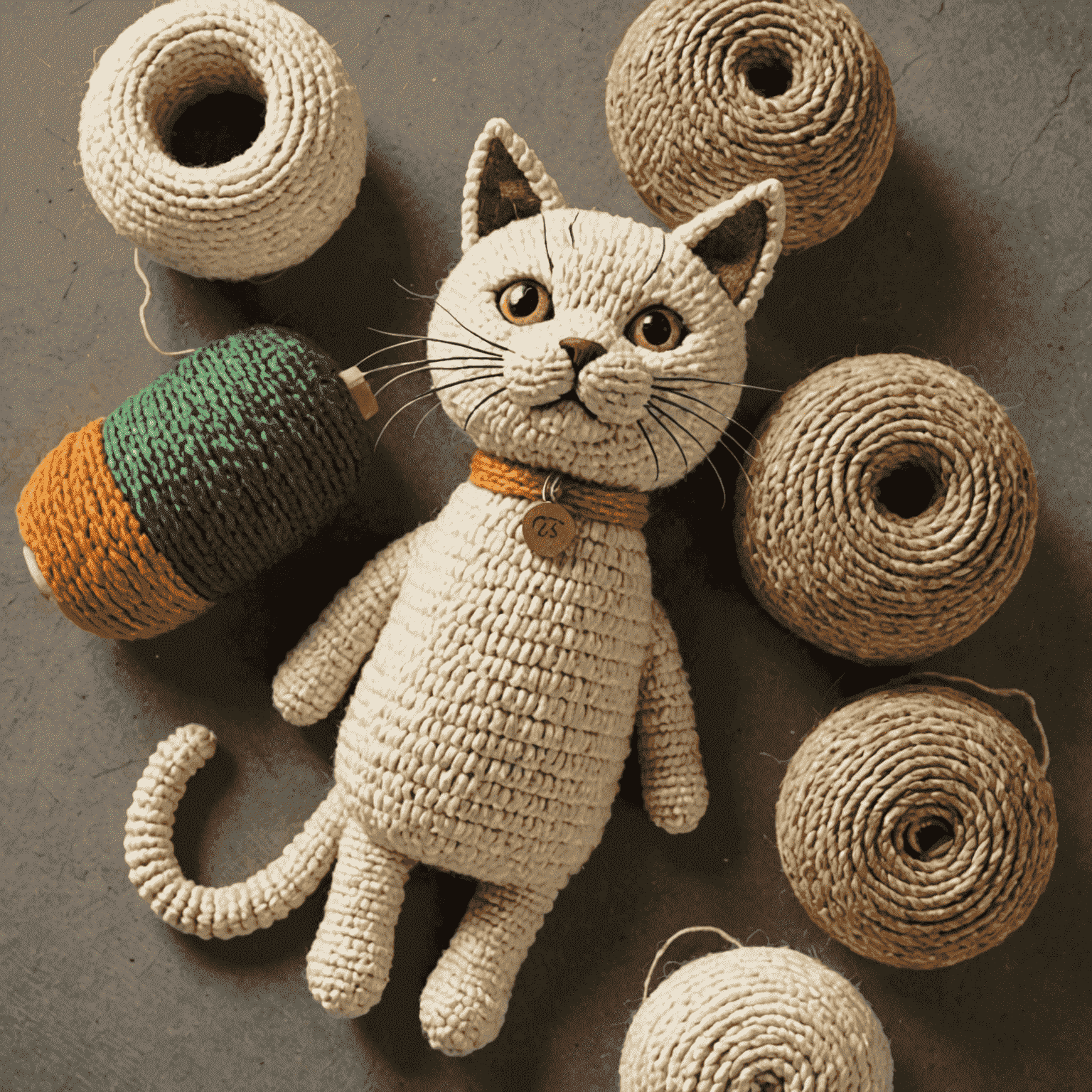Juguetes para gatos hechos de materiales naturales como sisal, madera y algodón orgánico