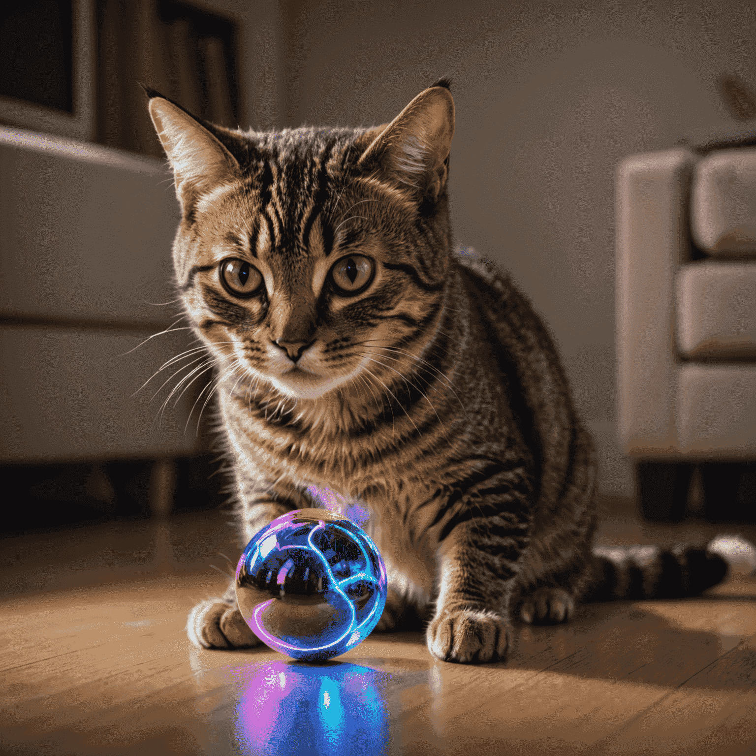 Gato jugando con una pelota LED que emite luces de colores