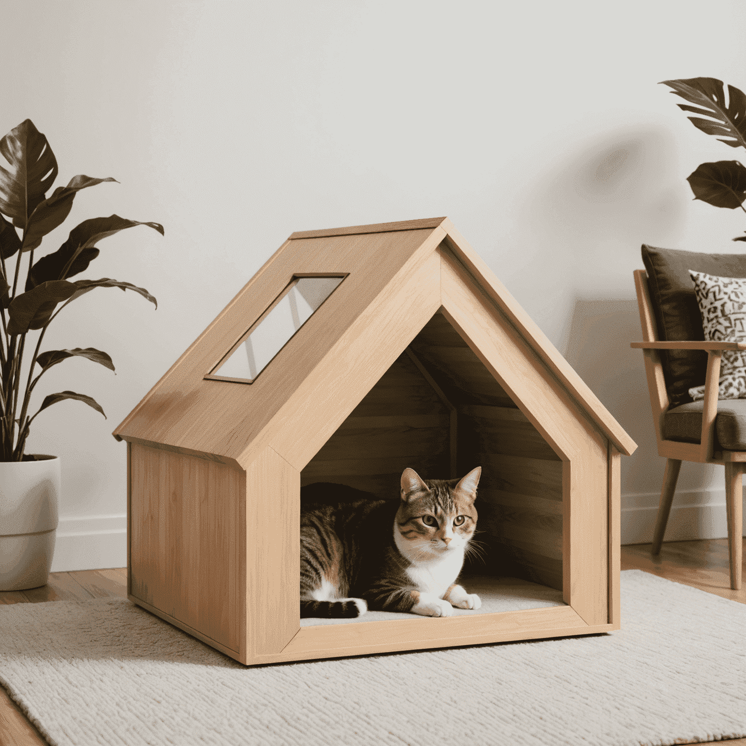 Casa para gatos minimalista con líneas limpias y formas geométricas, hecha de madera clara