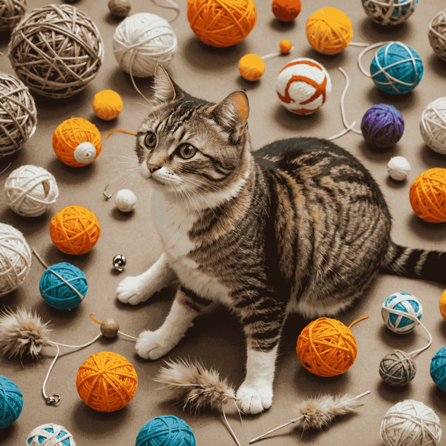 Varios juguetes para gatos de diferentes tamaños y materiales, incluyendo ratones de juguete, bolas con cascabel y juguetes de plumas, todos dispuestos sobre una superficie suave.