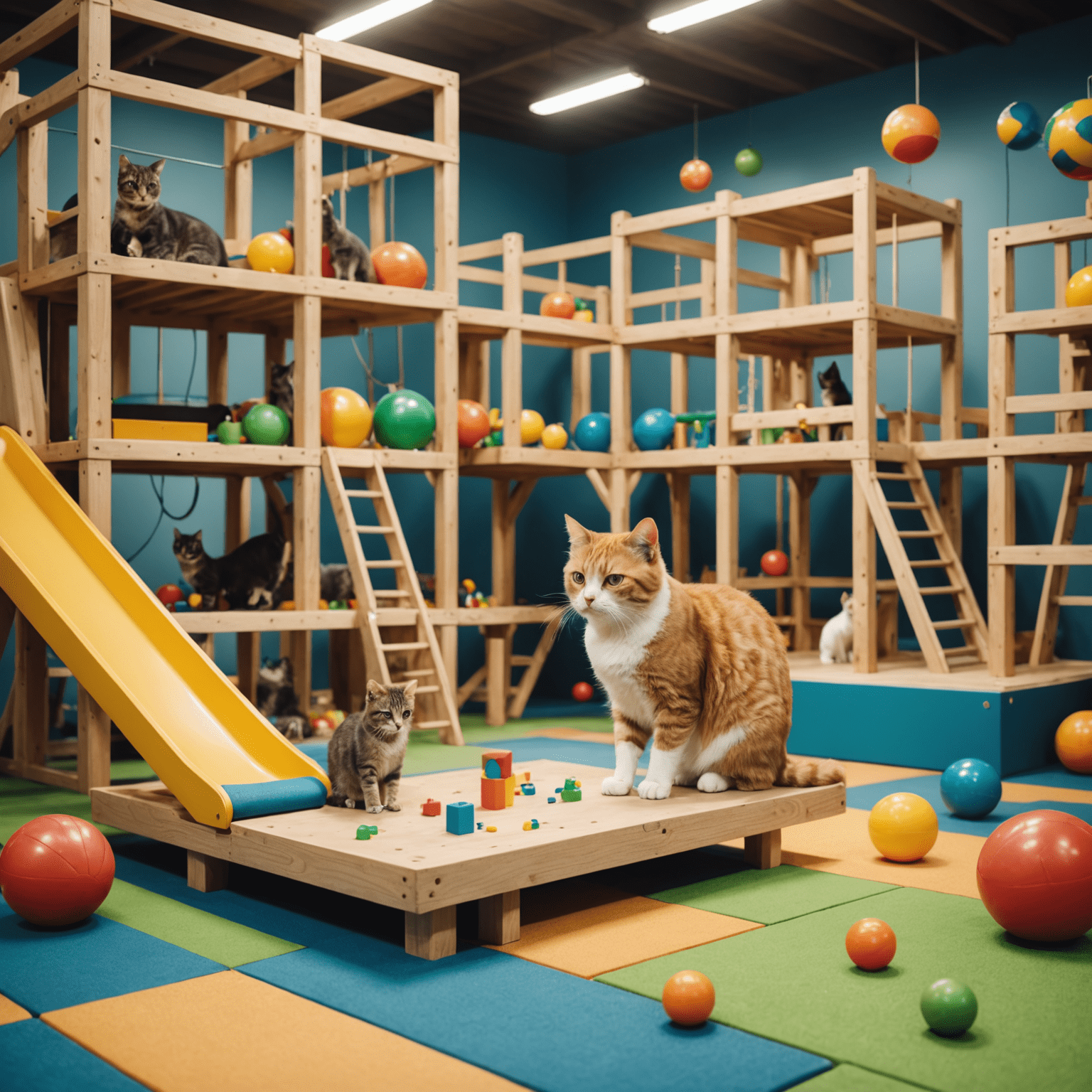 Gato jugando en un complejo de juego con múltiples plataformas y juguetes