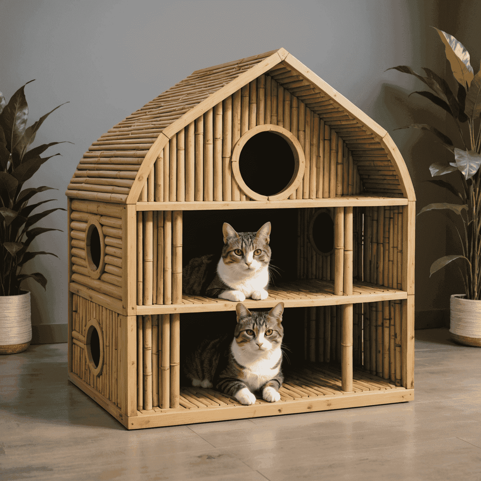Casa para gatos hecha de materiales reciclados y bambú, con un diseño moderno y ecológico