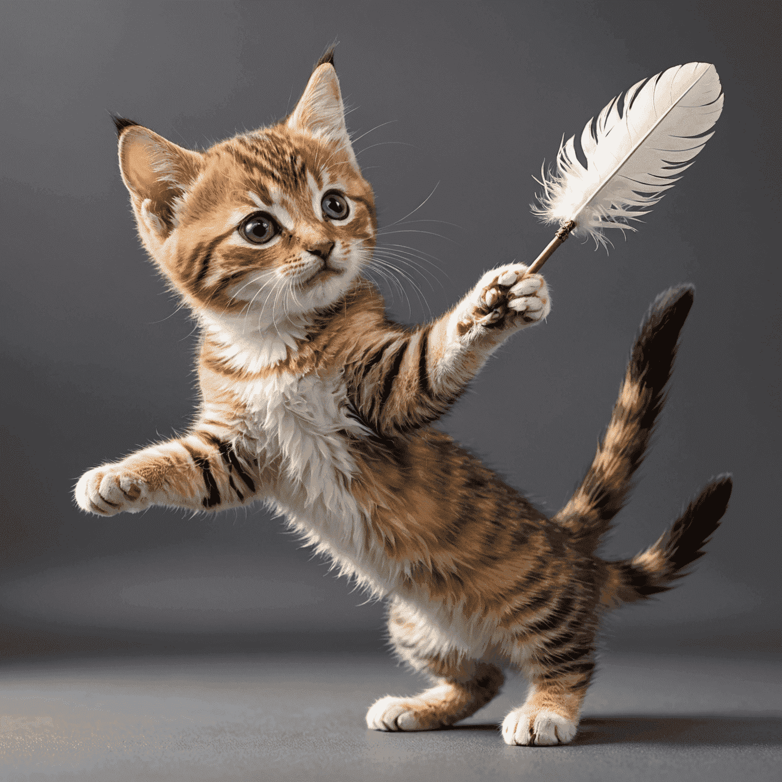 Un gatito jugando con una varita interactiva con plumas en el extremo. El gatito está saltando para alcanzar las plumas mientras una mano sostiene la varita.