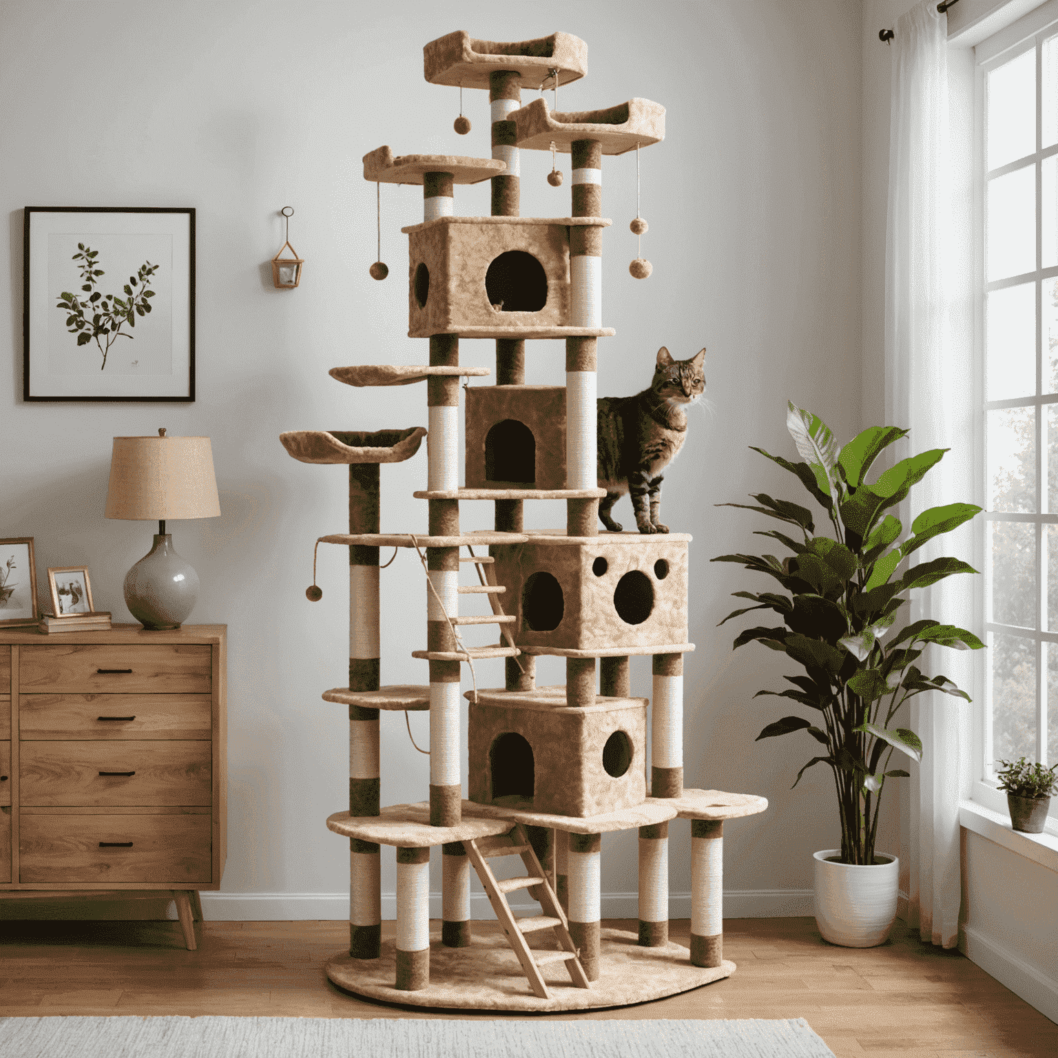 Un árbol para gatos de varios niveles con plataformas, cuerdas para trepar y una casita en la parte superior. Perfecto para gatos activos que disfrutan de las alturas.