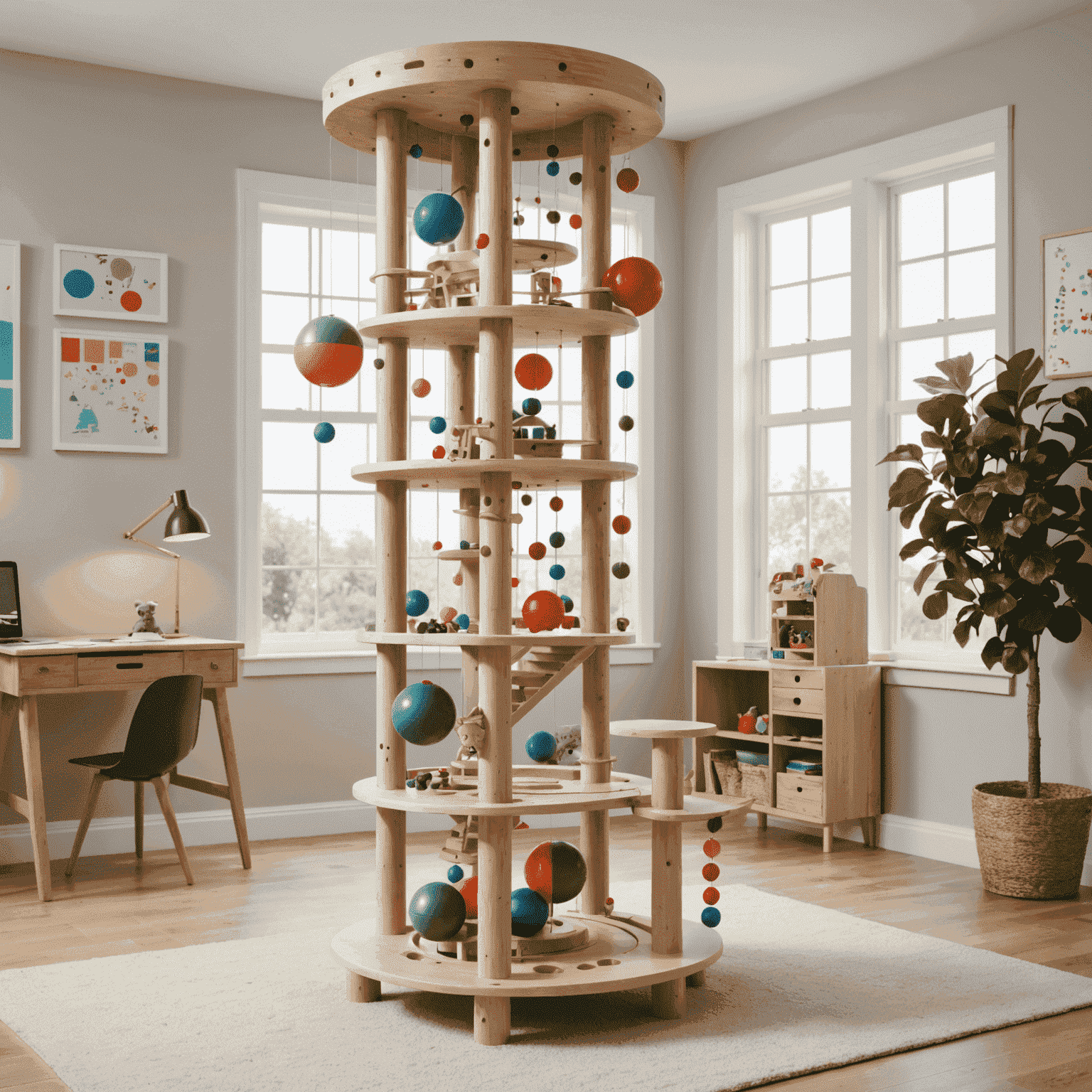 Torre de juegos con múltiples niveles, bolas suspendidas y un ratón electrónico en la base que se mueve aleatoriamente.