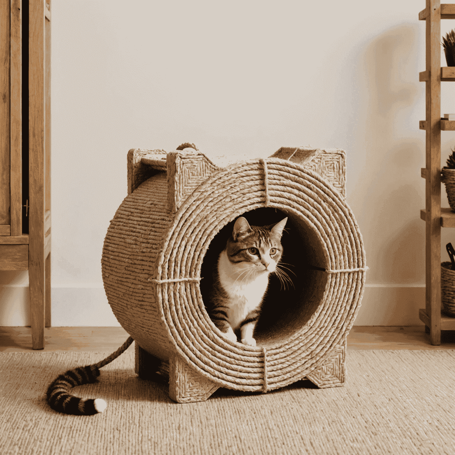 Rascador para gatos hecho de cartón reciclado y cuerda de sisal