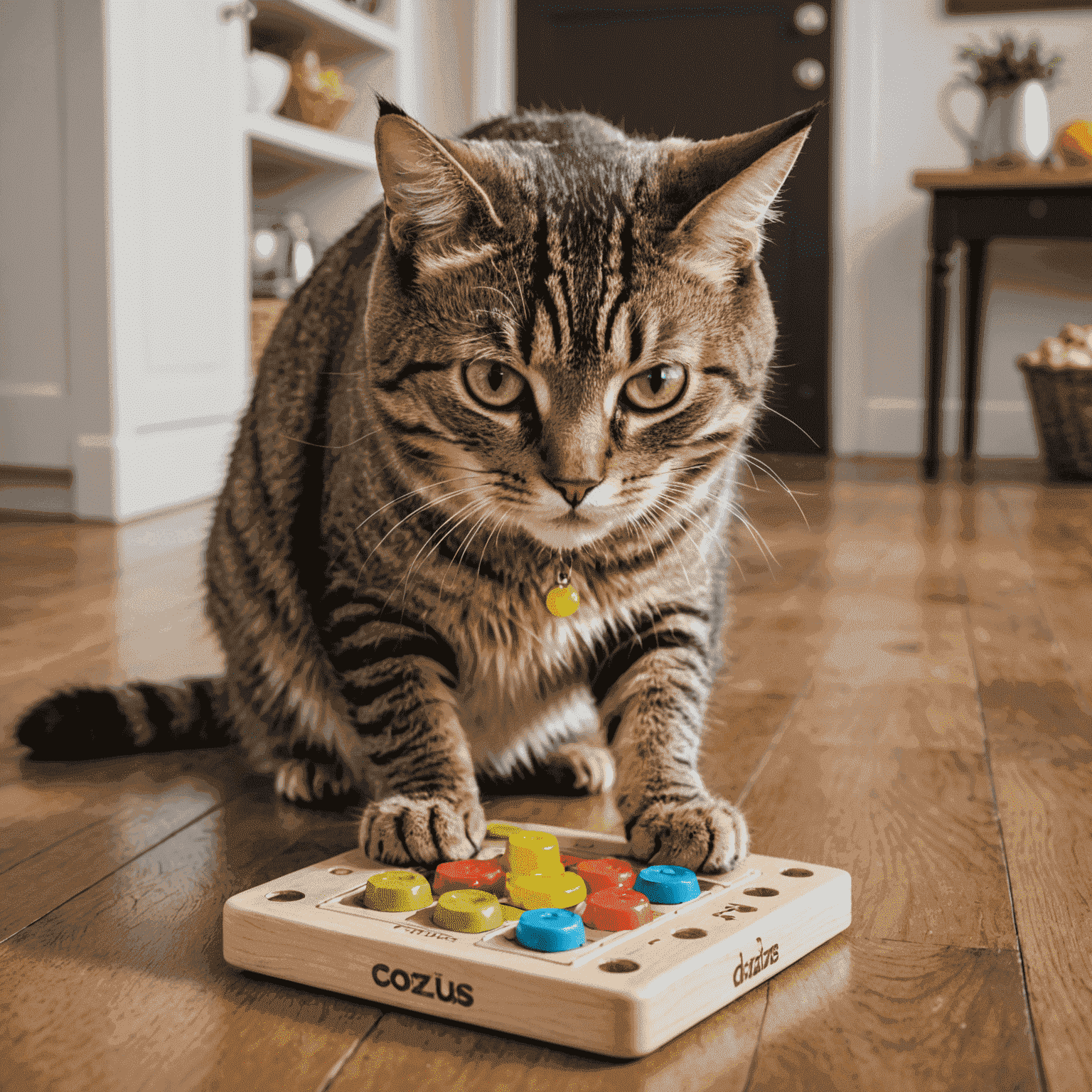 Gato interactuando con un puzzle dispensador de premios, tratando de obtener golosinas
