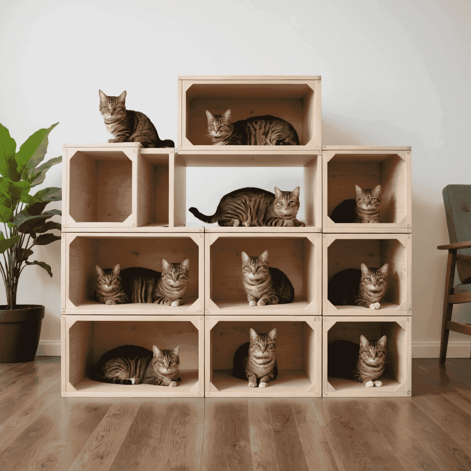 Sistema modular de casa para gatos que muestra diferentes configuraciones y opciones de expansión