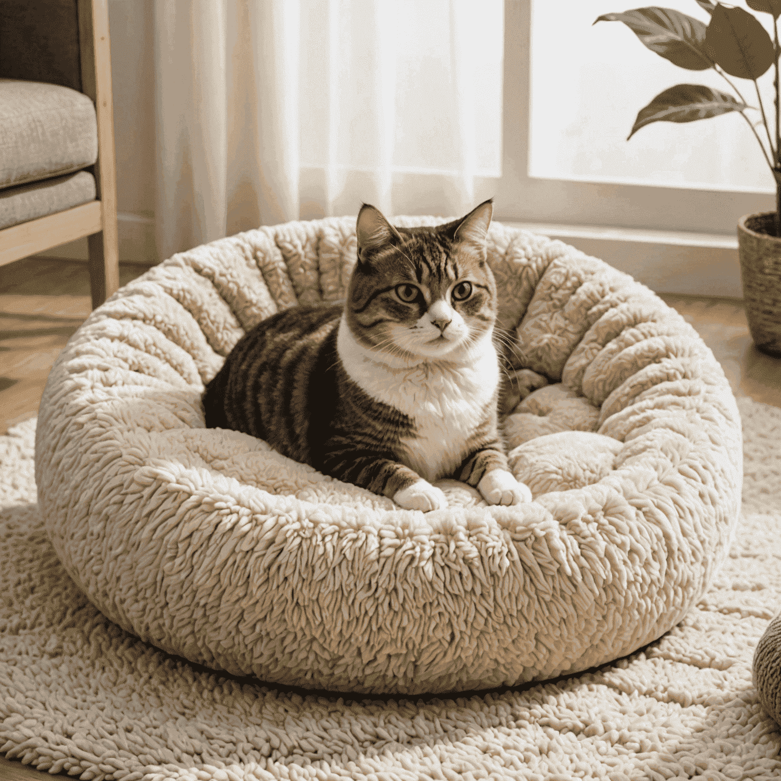 Una cama redonda y mullida para gatos, con bordes elevados y un interior de peluche suave. Ideal para que tu gato se acurruque y duerma cómodamente.