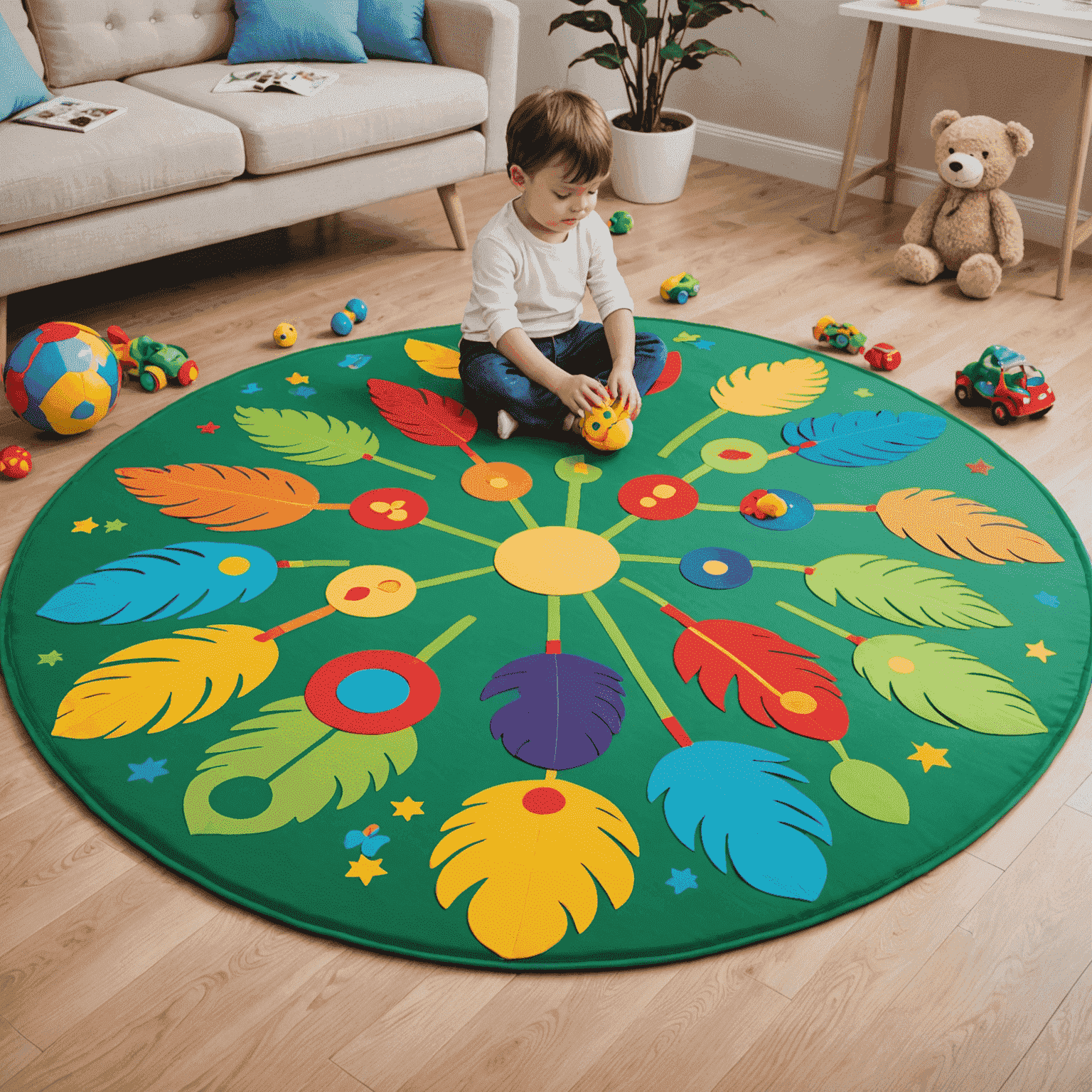Alfombra interactiva con varios juguetes incorporados como plumas móviles, bolas escondidas y luces parpadeantes.