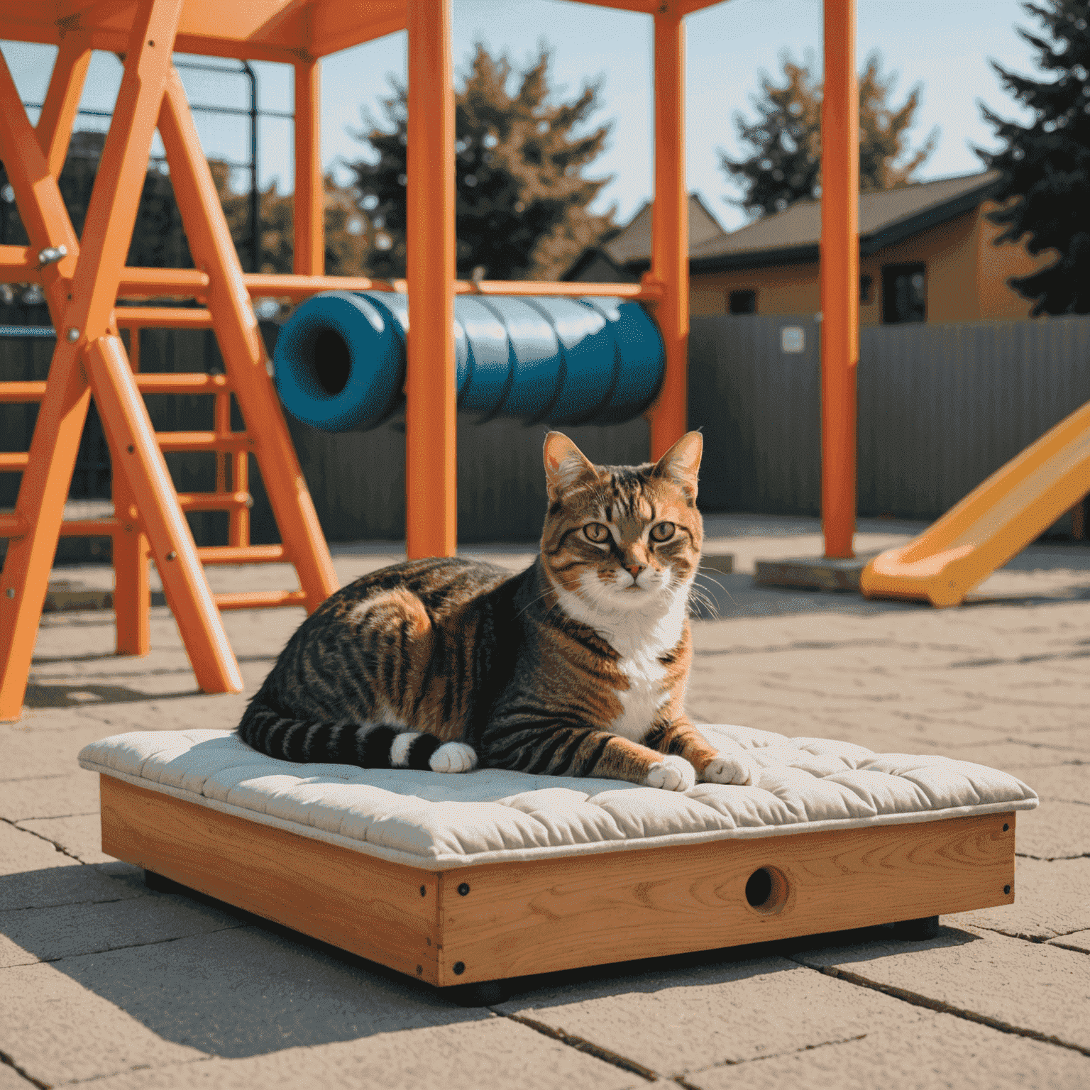 Gato descansando en una plataforma acolchada del complejo de juego
