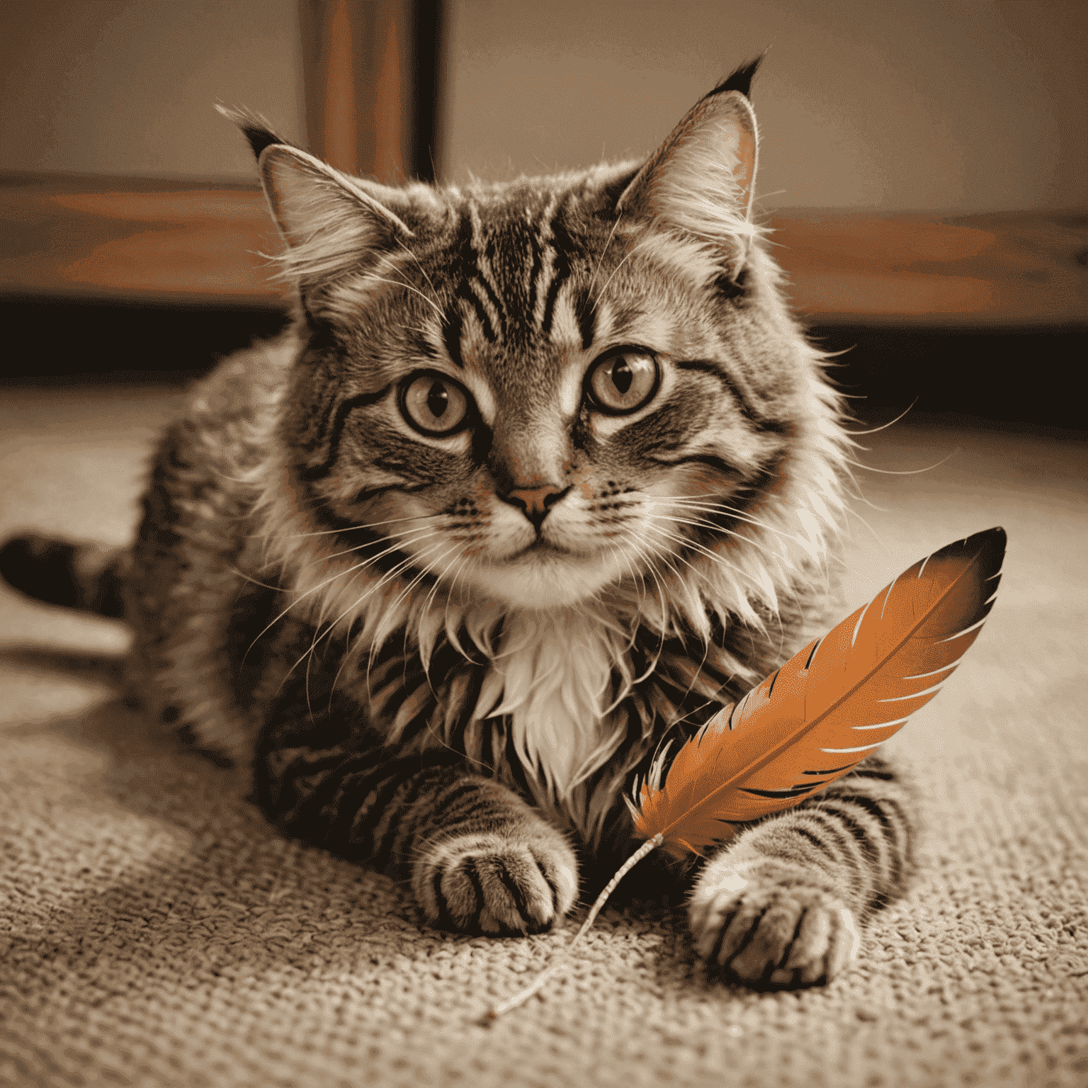 Gato jugando con un juguete de plumas hecho de materiales ecológicos
