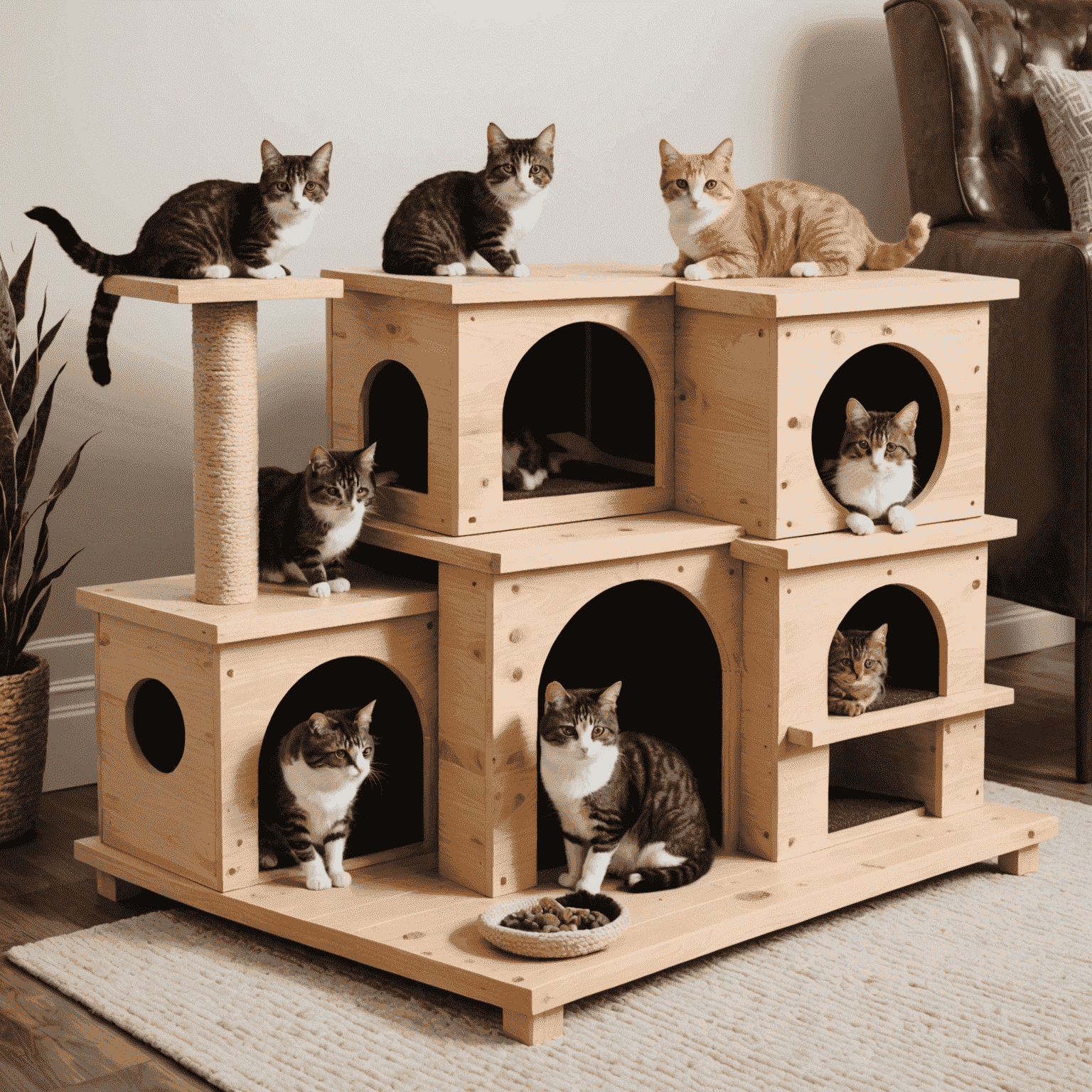 Variedad de casas para gatos y rascadores, desde torres altas hasta cuevas acogedoras
