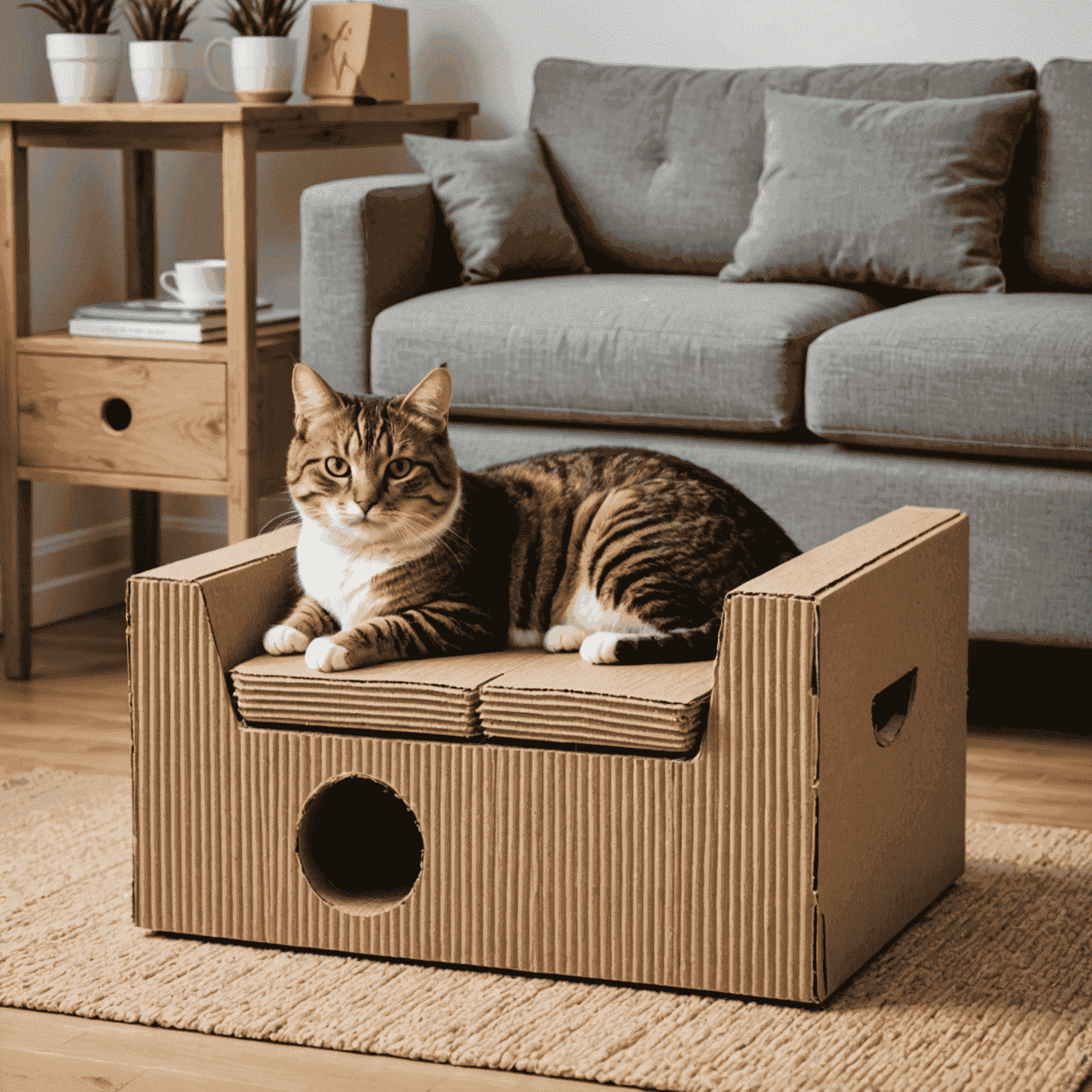 Un rascador de cartón ondulado con forma de sofá. Ecológico y atractivo para los gatos, perfecto para proteger tus muebles.