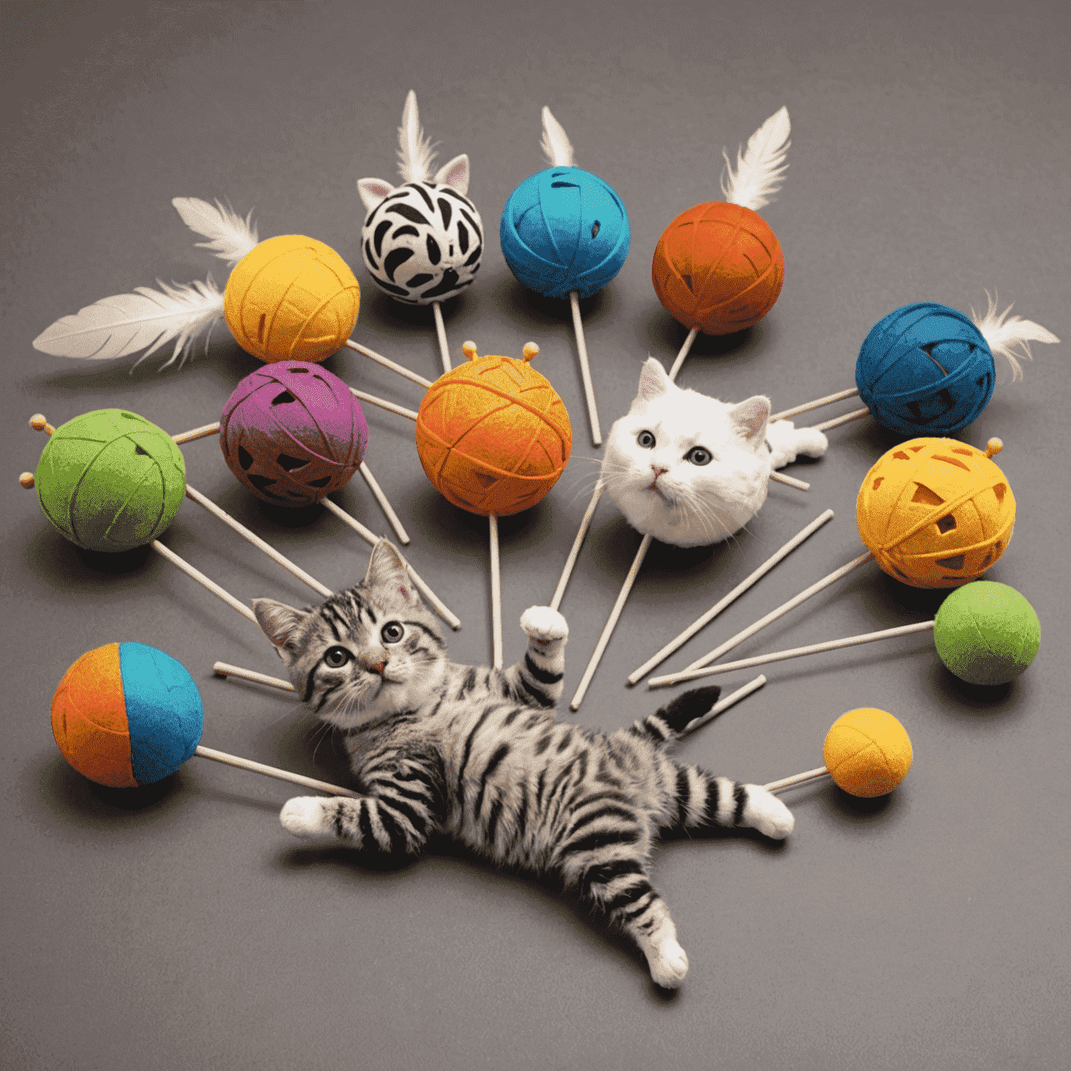 Varios juguetes interactivos para gatos, incluyendo pelotas con cascabeles, ratones de peluche y plumas en un palo