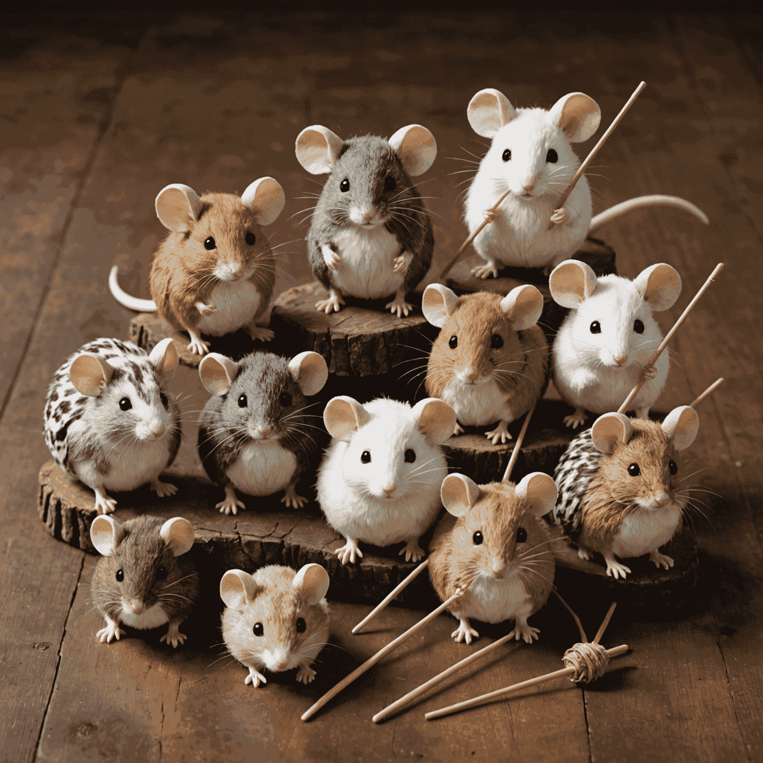 Colección de juguetes que imitan presas, como ratones de peluche y plumas en varitas