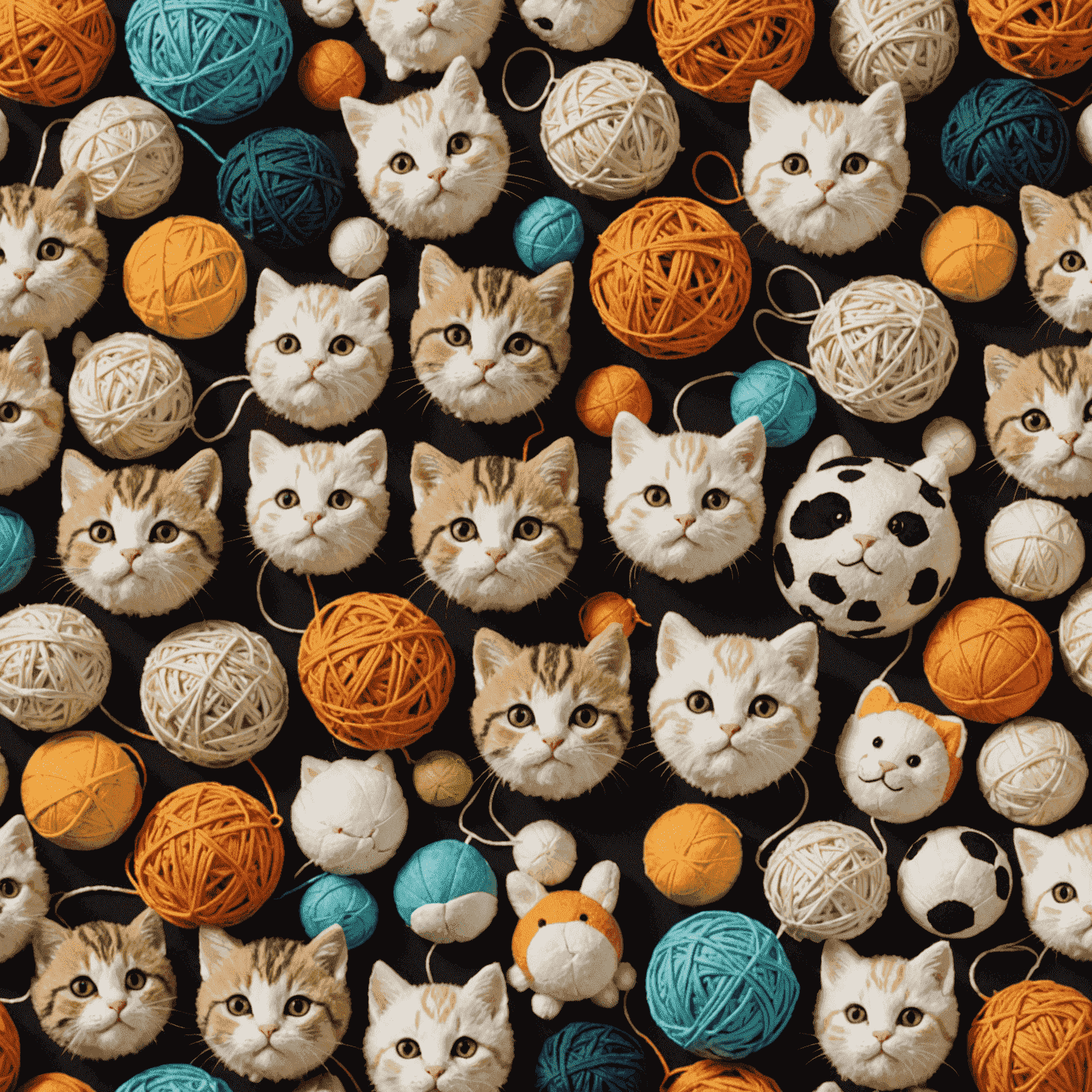Una selección de juguetes seguros para gatitos, incluyendo pelotas suaves, juguetes de cuerda y pequeños peluches