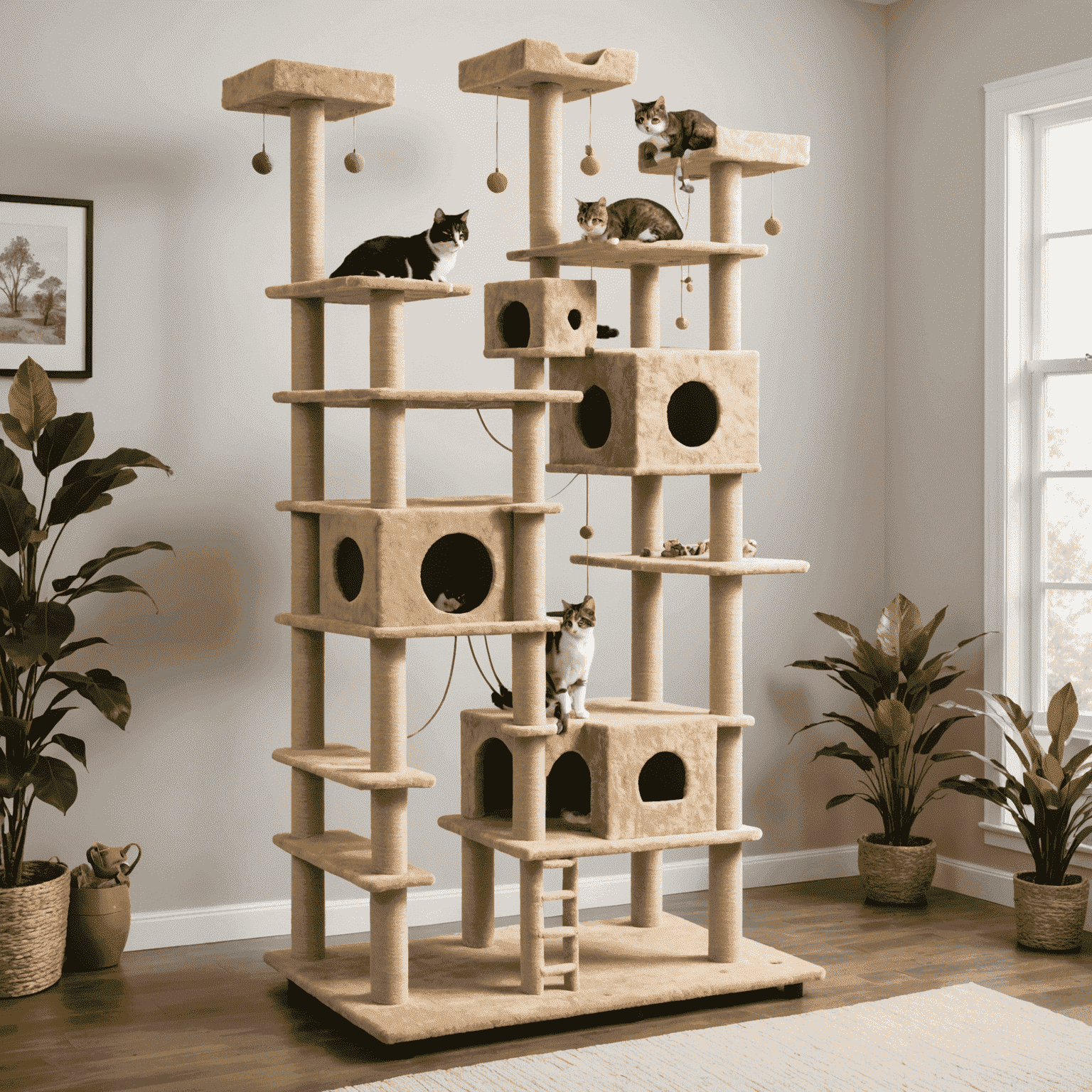 Grandes estructuras de juego multinivel para gatos con plataformas, túneles y juguetes colgantes